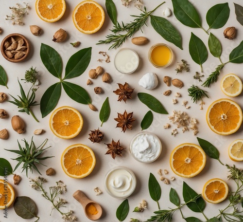 Citrus cream with fruits, herbs, and spices on a white background. Flat lay, top view