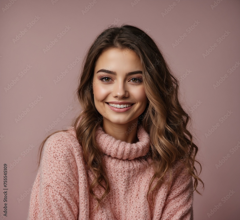 Close-up portrait of a smiling young woman in a pink sweater looking at the camera isolated over pink background Close-up portrait of a smiling young woman in a pink sweater looking at the camera isolated over pink background