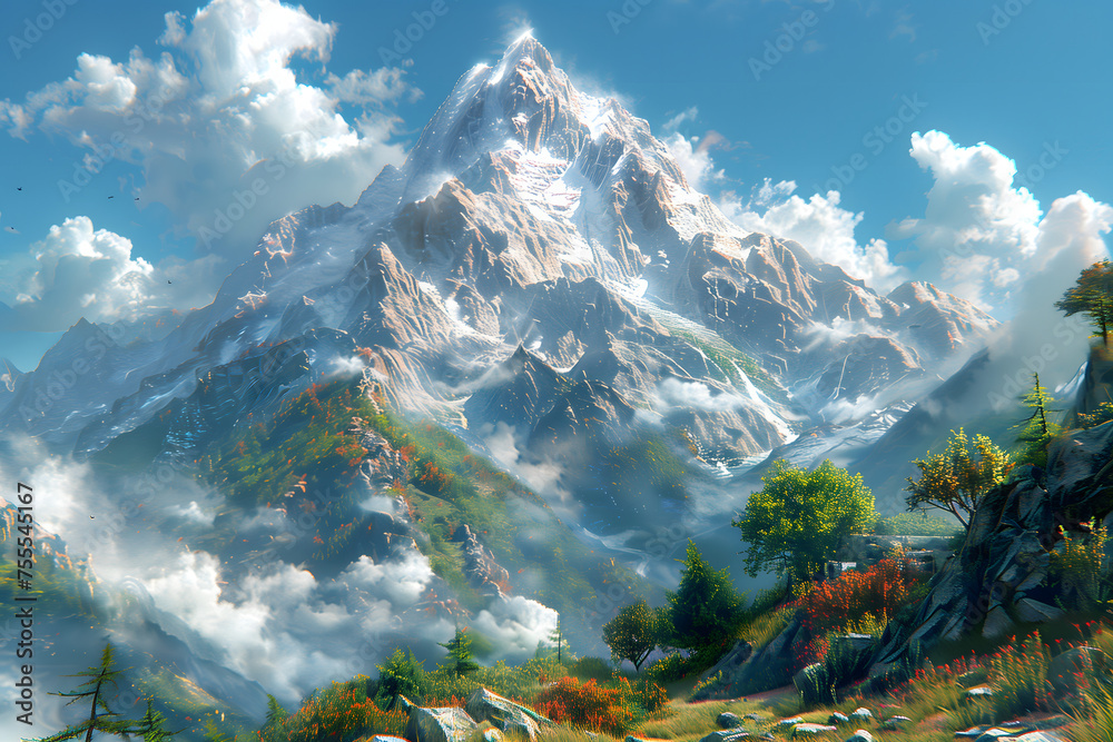 Mountain Landscape With Clouds and Trees Mountain Landscape With Clouds and Trees