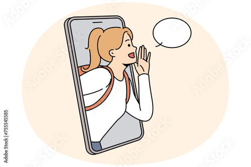 Girl with backpack make hand gesture scram form cellphone screen about good sale deal or promotion. Woman with hands as megaphone make announcement. Vector illustration.