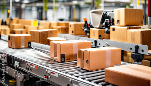 Carton boxes on conveyor belt in warehouse. Conveyor belt with cardboard boxes