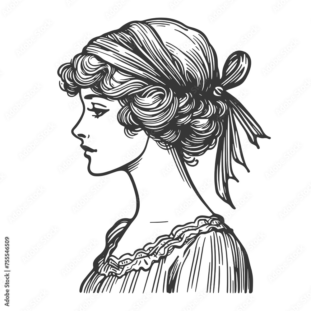 Old fashioned lady young woman sketch engraving generative ai fictional character raster illustration. Scratch board imitation. Black and white image. Old fashioned lady young woman sketch engraving generative ai fictional character raster illustration. Scratch board imitation. Black and white image.