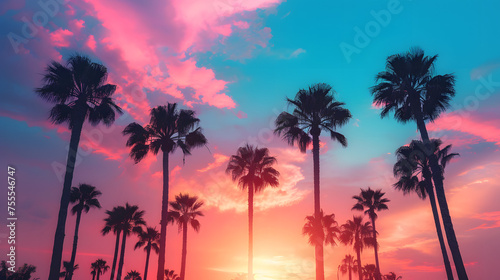 Silhouettes of palm trees against a vibrant sky background