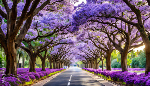 Beautiful street covered by Jacaranda trees and flowers