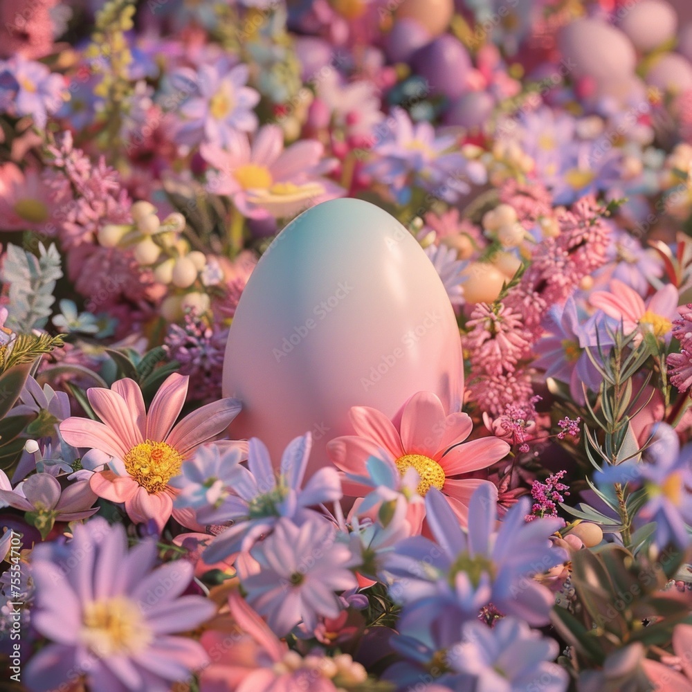A 3D model of a pastel-colored Easter egg gently nestled in a bed of spring flowers, AI Generative A 3D model of a pastel-colored Easter egg gently nestled in a bed of spring flowers, AI Generative