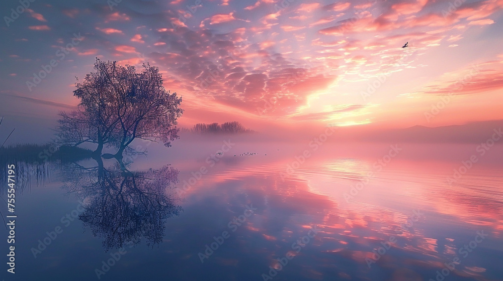 sunrise over a mist-covered lake