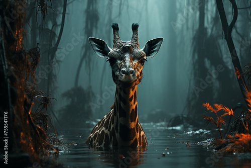 giraffe stands in the water, small bird is perched on top of its horns, trees submerged by rising waters photo