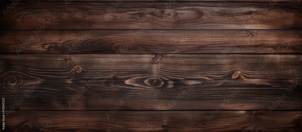 Fototapeta premium A wooden wall with a dark brown color serves as a textured background. The woods grain is visible and adds a rustic touch to the space.