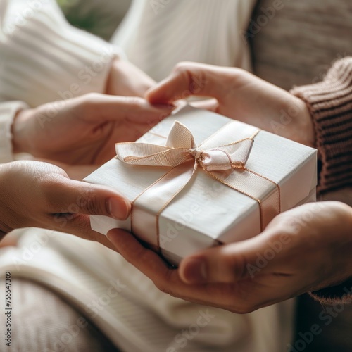 A close-up shot of a White Day gift being placed into a recipient's hands, focusing on the exchange and the emotional connection between giver and receive, AI Generative