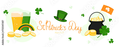 St.Patrick's Day vector template for banner, card, poster. March 17. White background with clover leaves, shamrock, coins, beer, green hat, pot and design elements. 