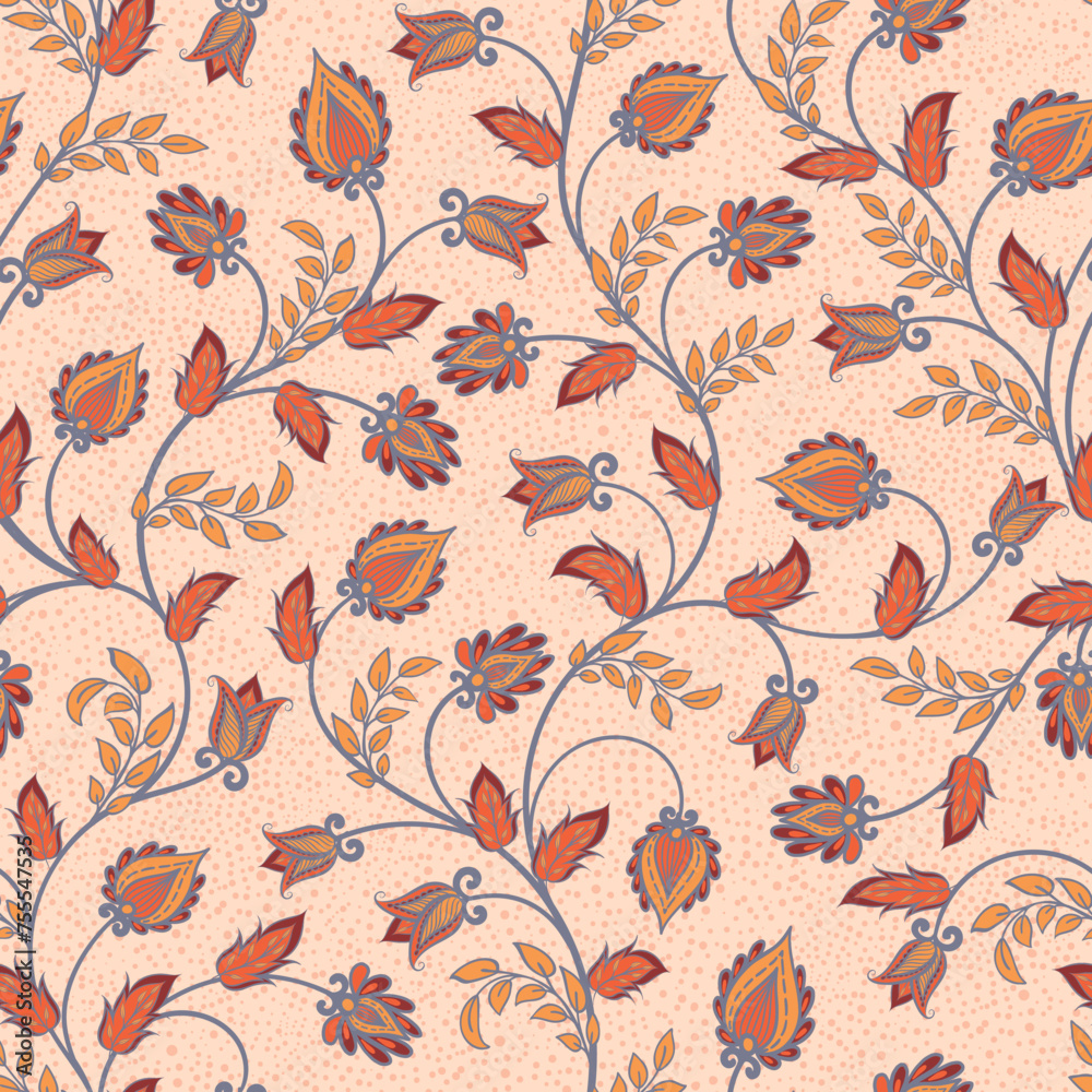 Intertwining branches with flowers and leaves. Seamless pattern in Indian kalamkari style. Delicate shades of beige, nude.