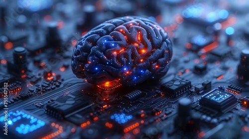 A human brain illuminated from within by a glowing processor, intricate circuits and data streams intertwining, AI Generative