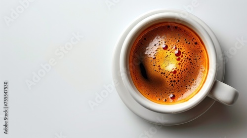 A perfectly brewed cup of espresso coffee, its rich aroma and deep color captured from above, isolated on a pristine white background, AI Generative