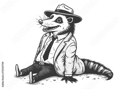 opossum wearing a suit and hat, depicted in a vintage engraving style vintage sketch engraving generative ai raster illustration. Scratch board imitation. Black and white image.