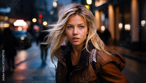 Portrait of a beautiful young woman walking in the city at night