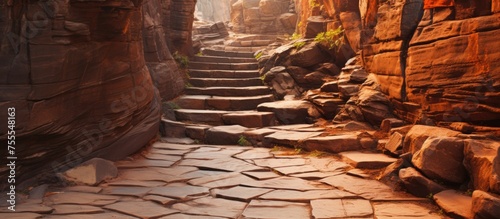 A narrow stone path winds through the rugged terrain of a narrow canyon, surrounded by towering rock walls. The path is made of brick-like rocks, providing a challenging yet scenic route for hikers to
