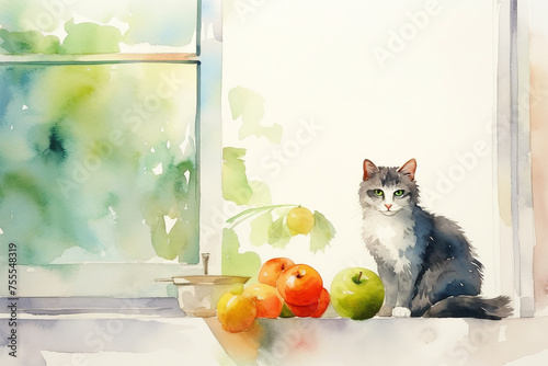 watercolor painting gray cat sitting on the windowsill in apartment and looking at fruits and vegetables nearby, sunlight shining through the glass