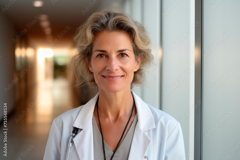 Attractive friendly smiling middle aged female doctor on hospital corridor looking at camera Attractive friendly smiling middle aged female doctor on hospital corridor looking at camera