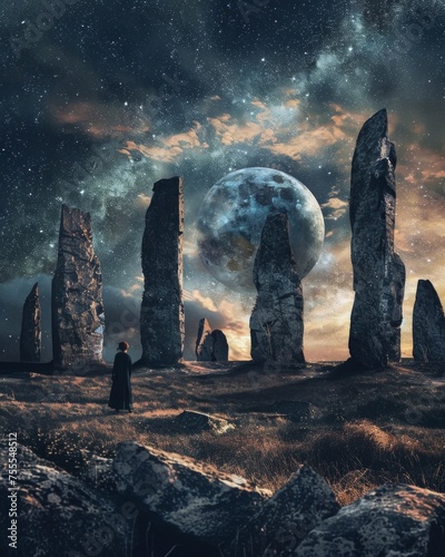 Ancient ritual A druid circle under the starlit sky, AI Generative photo