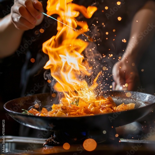 Close-up of a chef's flambe technique, focusing on the flames and the dish being prepare, AI Generative