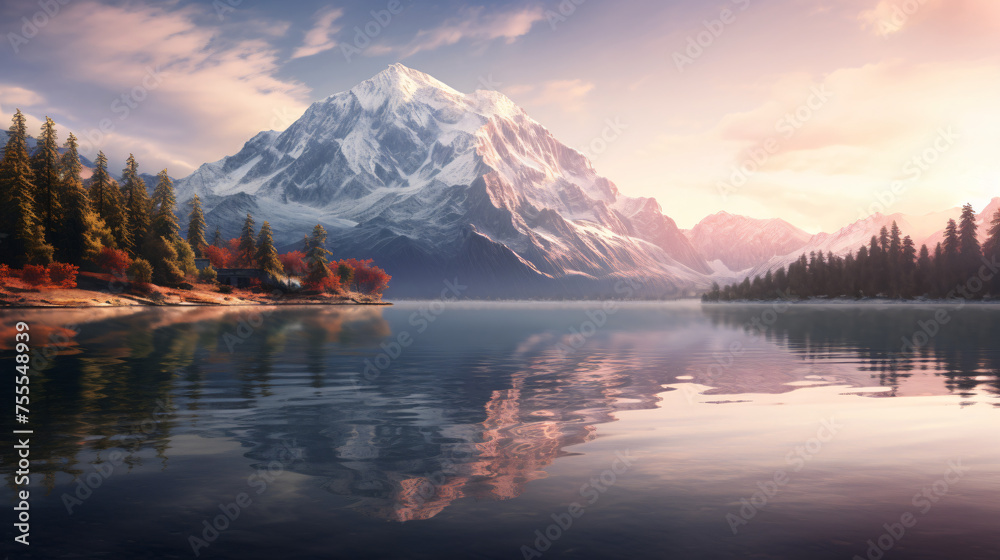 A serene lake reflecting a mountain range  interior   interior interiorv