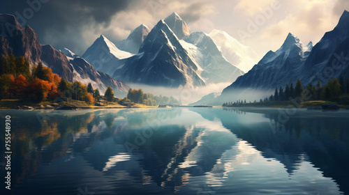 A serene lake reflecting a mountain range interior interior interiorv