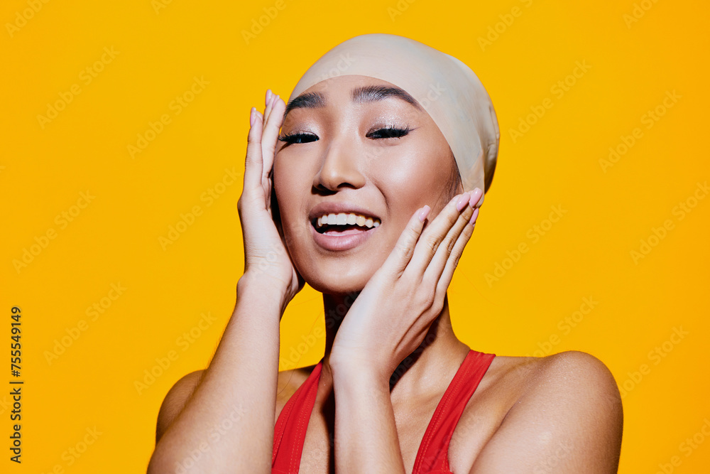 Woman fun red beauty studio smile yellow fashion surprised trendy portrait joy hair lifestyle Woman fun red beauty studio smile yellow fashion surprised trendy portrait joy hair lifestyle