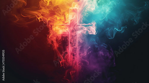 A colored smoke cross set against a black background. Vector-based artwork,Vector Art: Colored Smoke Cross on Black Background: Symbolic and Striking