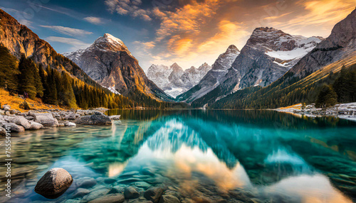 Splendous picture-perfect lake or river surrounded by mountains
