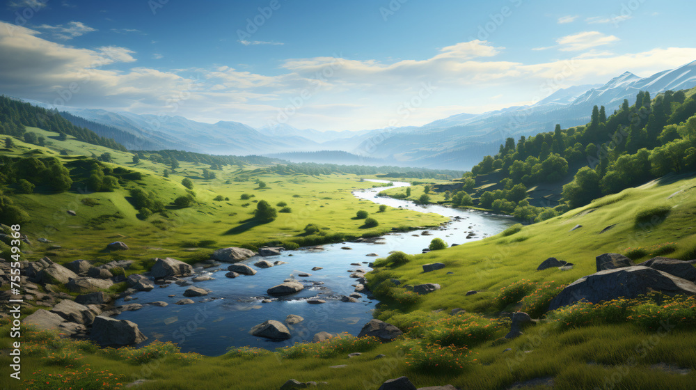 A serene landscape with a winding river  interior   