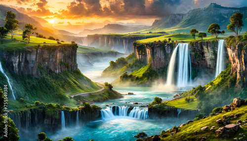 Stunning landscape of waterfalls and mountains at sunrise or sunset