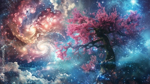 Digital art piece showing a surreal blend of cherry blossom trees and cosmic elements, portraying the universe in bloom and the endless cycle of lif, AI Generative