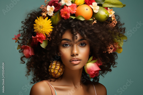 portrait of beautiful black woman with afro hair made of tropical fruits and flowers, artistic composition