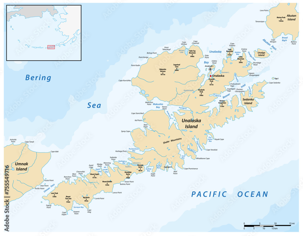 Vector map of the Aleutian Island of Unalaska, Alaska, United States