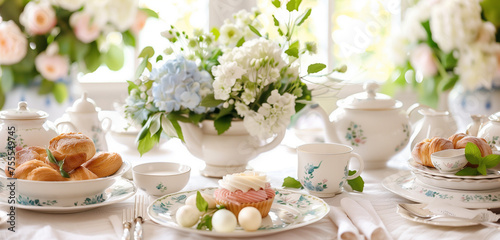 A charming Easter brunch setting with delicate china, fresh pastries, and blooming hydrangeas as centerpieces,Easter Brunch Bliss: Delicate China, Fresh Pastries.