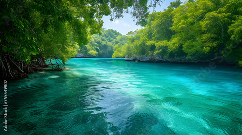 Clear turquoise water surrounded by lush greenery background