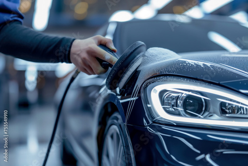 a hand polishing a car body using a portable polishing machine