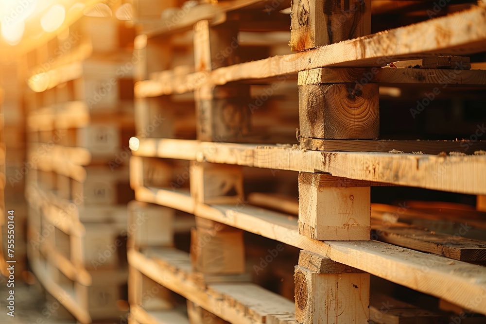 Stack of wooden pallets. shallow depth of field. bokeh generative ai