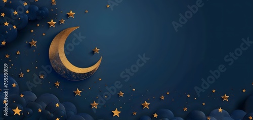 Illuminate Element gold crescent moon on cloud, isolated on starry Navy background. copy space. eid mubarak Ramadan greeting card.	 photo