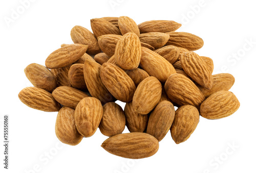 Heap of whole almond nuts isolated on white background top view photo