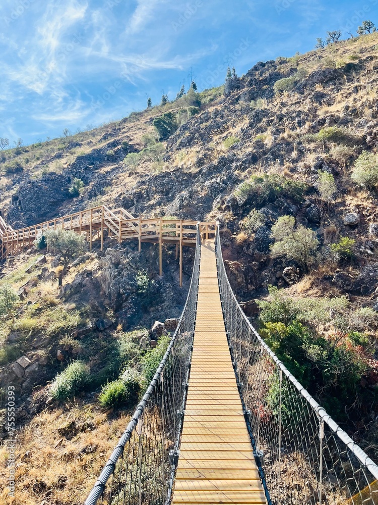 Φωτογραφία Hiking wooden boardwalk in mountains, hiking trail, wooden stairs