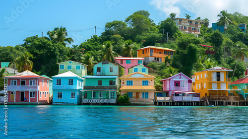 Colorful houses perched along the waterfront background photo