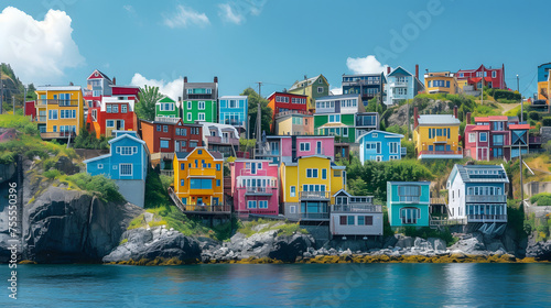 Colorful houses perched along the waterfront background photo