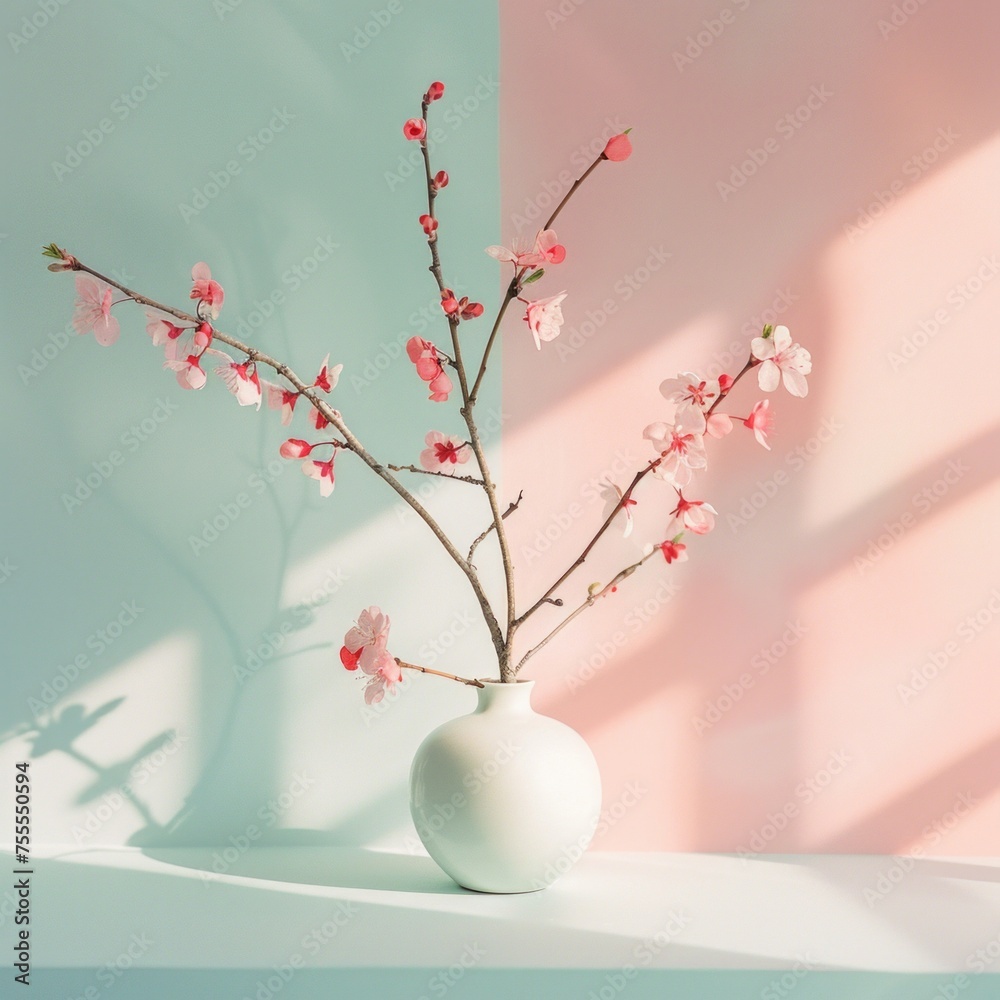 Minimalistic still life featuring cherry blossom branches in a vase, AI Generative