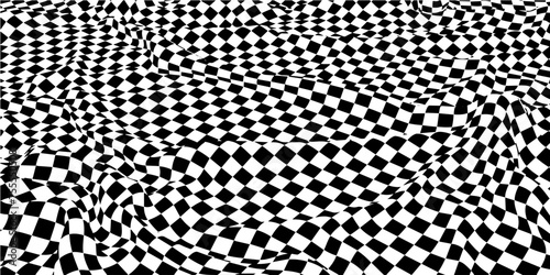 Abstract  background chaotic wavy surface with curve pattern black squares. Black checkers on white. Vector illustration.