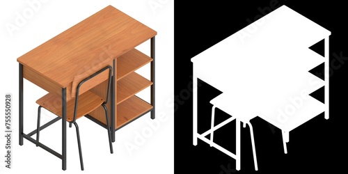 3D rendering illustration of a wide classroom table desk with side shelves