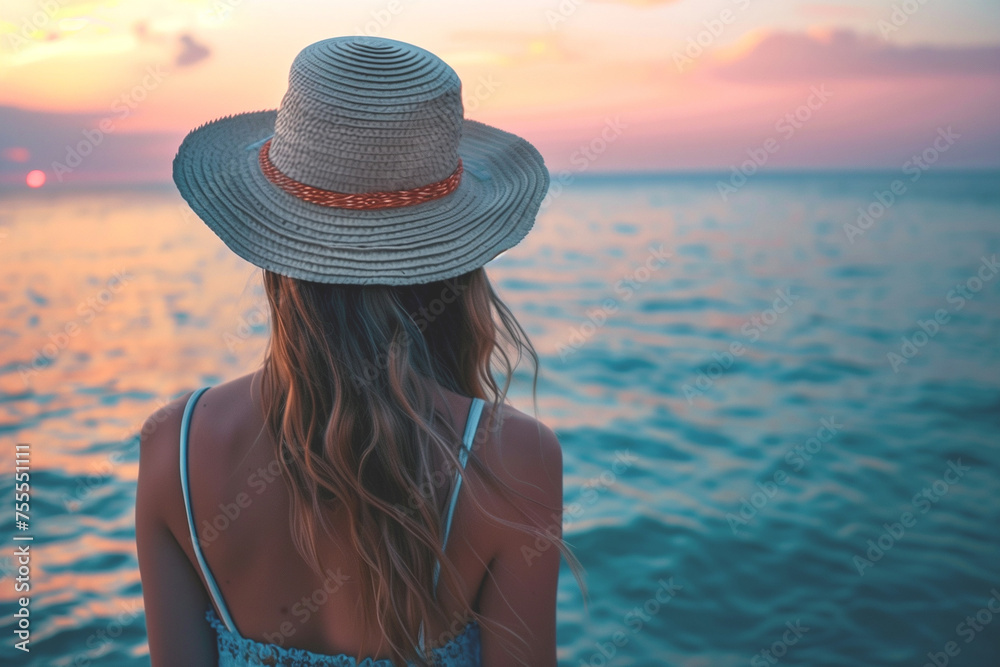A woman wearing a straw hat is standing on the beach looking out at the ocean