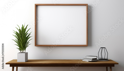 blank poster frame mockup on white wall with window with wooden chest of drawers and small green plant.  © Juli Puli