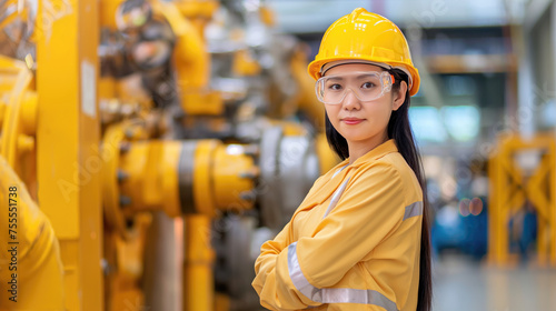 Woman Engineer in Hard Hat and Glasses Standing in a Factory, Heat and Energy Industry, Generative AI
