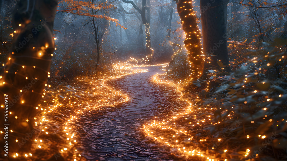 winding path through a forest aglow with magical lights background